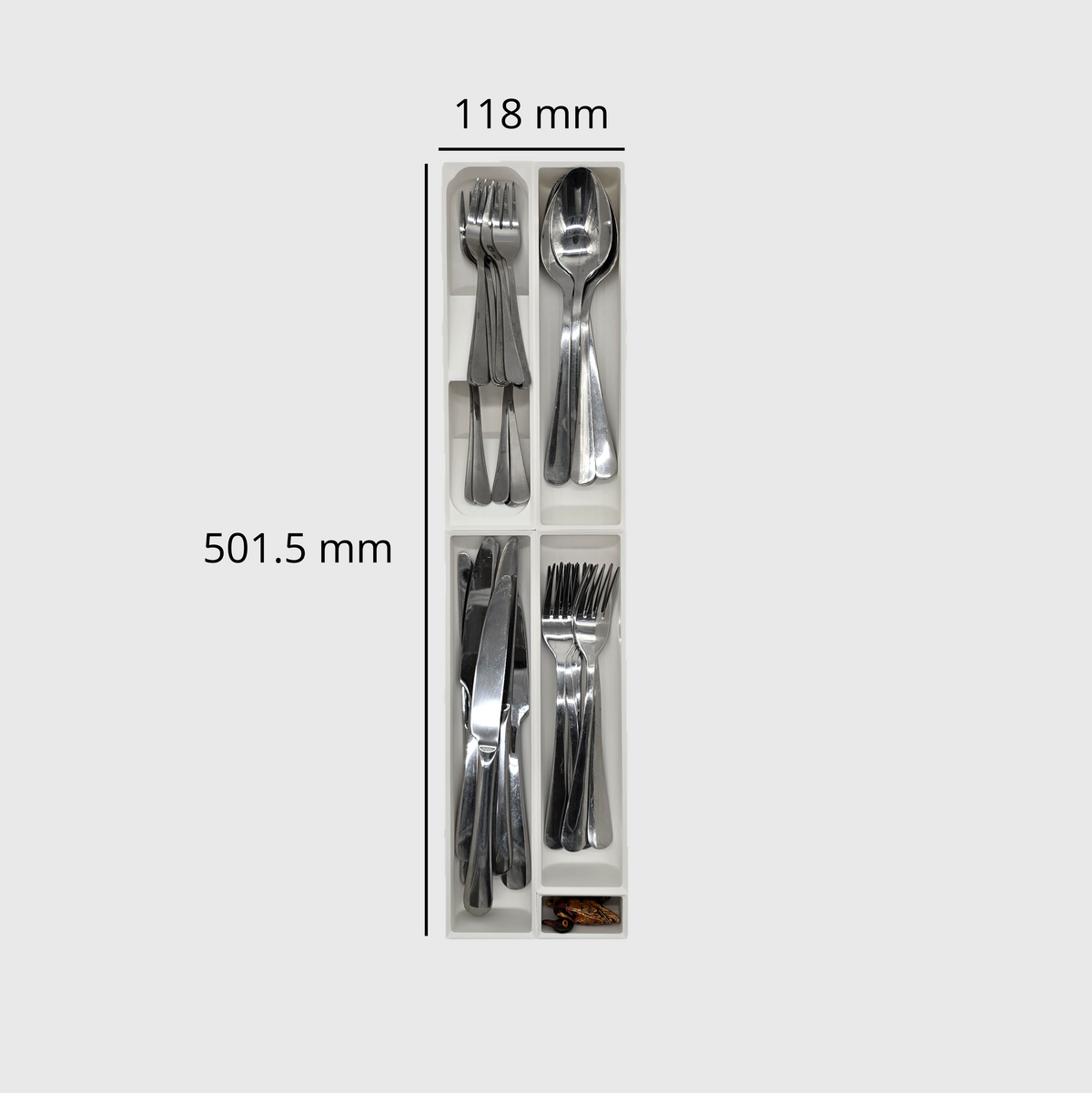 Narrow Core Cutlery Organiser in Cotton White — 501.5×118mm drawer organiser, food-safe PLA bioplastic, alternate angle