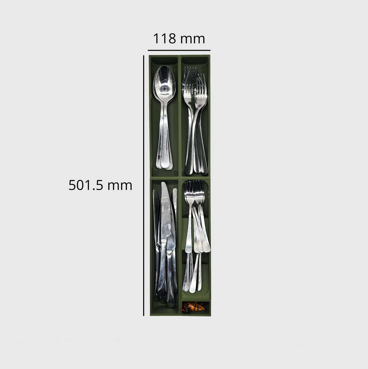Narrow Core Cutlery Organiser in Olive Green — 501.5×118mm drawer organiser, food-safe PLA bioplastic, alternate angle
