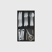Narrow cutlery drawer organiser set in Charcoal Black with dinner cutlery, measuring spoons and kitchen shears. Nominal 265.5 × 472 mm grid footprint.