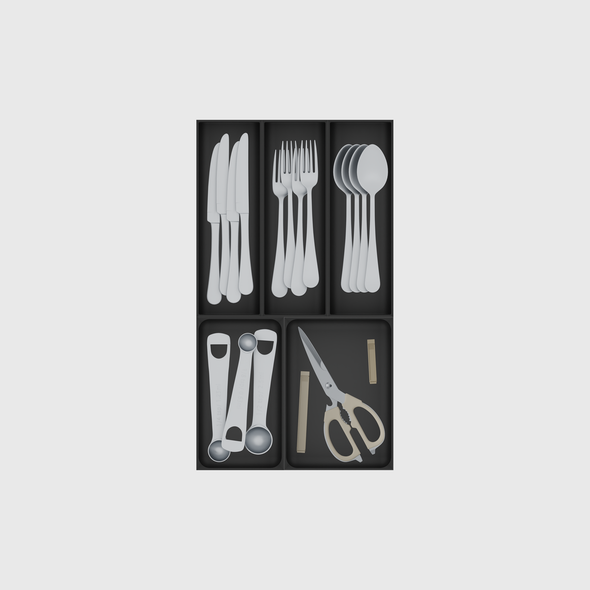 Narrow cutlery drawer organiser set in Charcoal Black with dinner cutlery, measuring spoons and kitchen shears. Nominal 265.5 × 472 mm grid footprint.