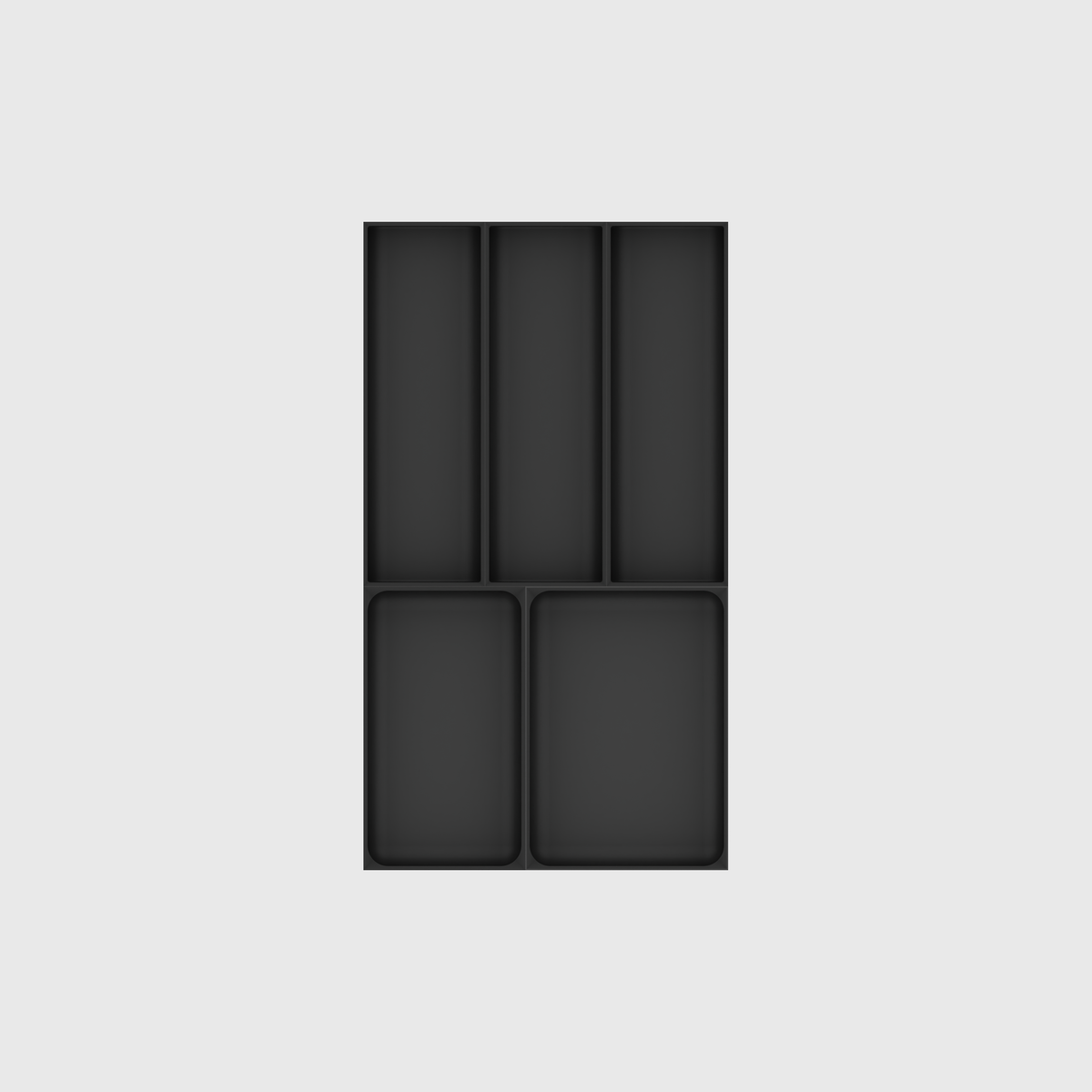 Empty five-module narrow cutlery drawer organiser set in Charcoal Black. Nominal 265.5 × 472 mm grid footprint.