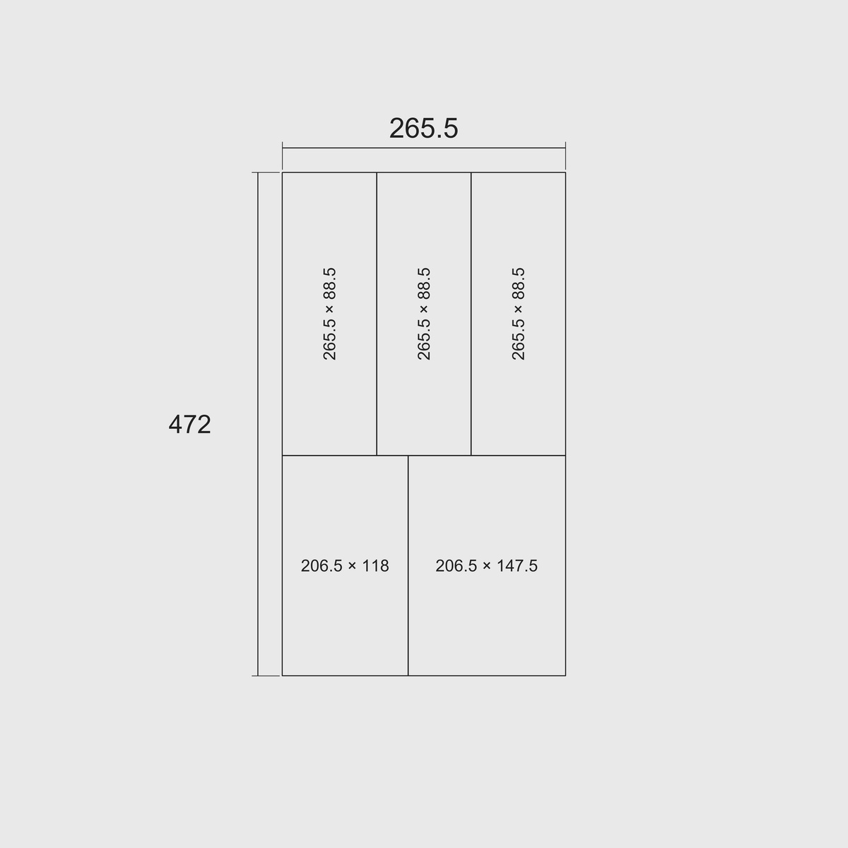 Plain dimension diagram of the five-module set: overall nominal grid footprint 265.5 mm wide × 472 mm long, with each complete module labelled in millimetres.