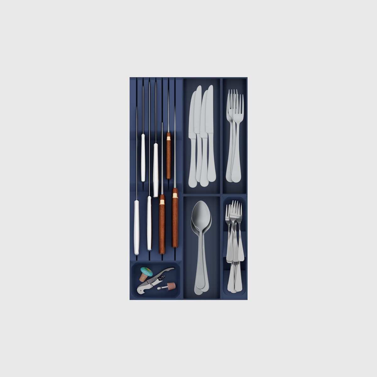 Army Blue six-module cutlery and chef-knife drawer organiser set, nominal 265.5 mm wide × 501.5 mm deep; utensils are illustrative.