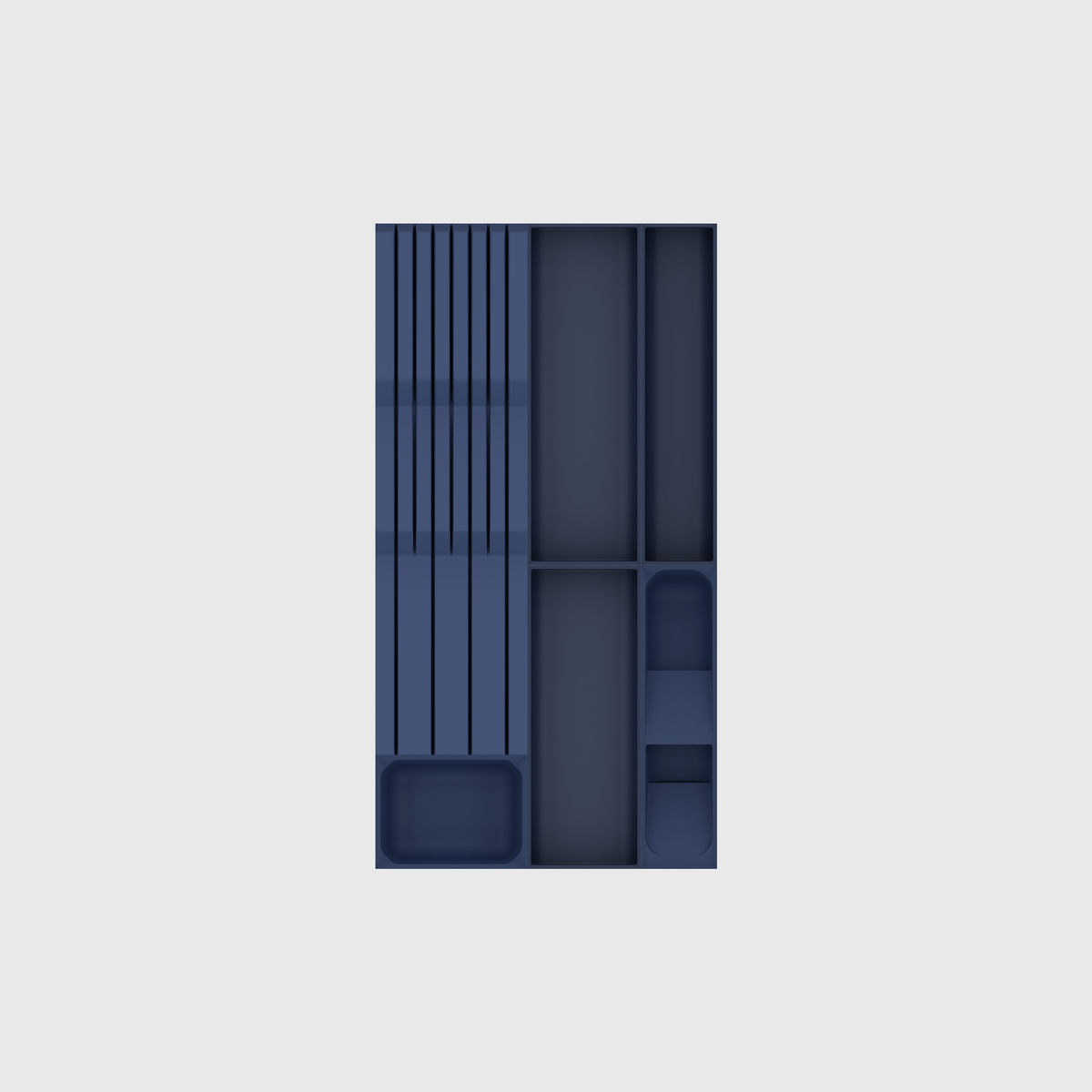 Empty Army Blue six-module cutlery and chef-knife drawer organiser set, nominal 265.5 mm wide × 501.5 mm deep.