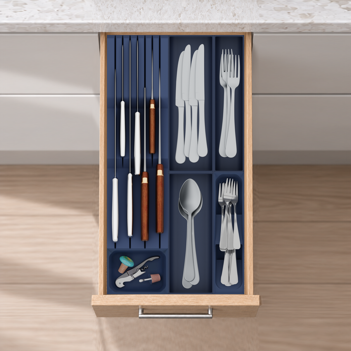 Narrow Cutlery & Chef Knife Drawer Organiser Set in Army Blue, fitted in an oak drawer under neutral white light. Nominal layout 265.5 × 501.5 mm. Accessories shown are not included.
