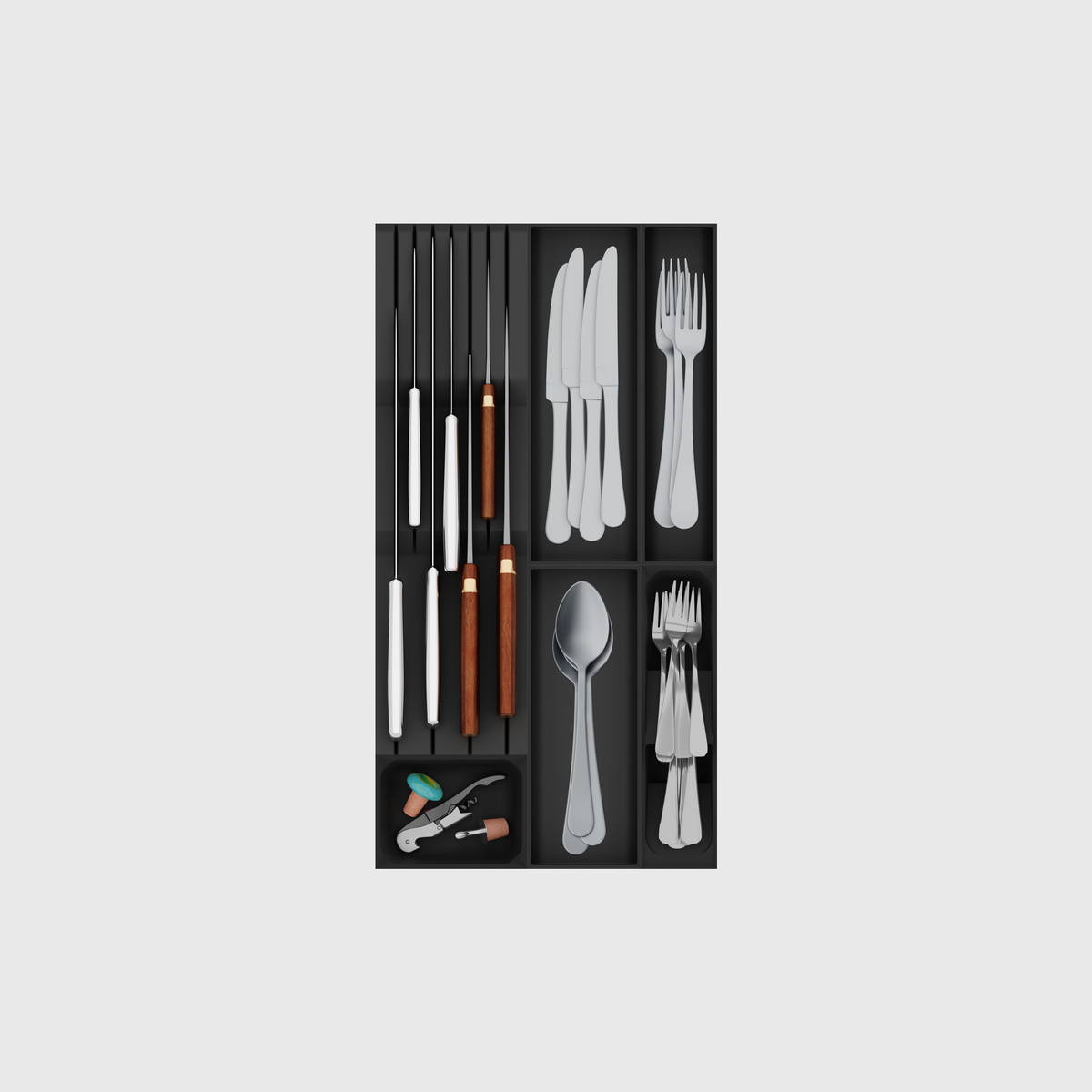 Charcoal Black six-module cutlery and chef-knife drawer organiser set, nominal 265.5 mm wide × 501.5 mm deep; utensils are illustrative.