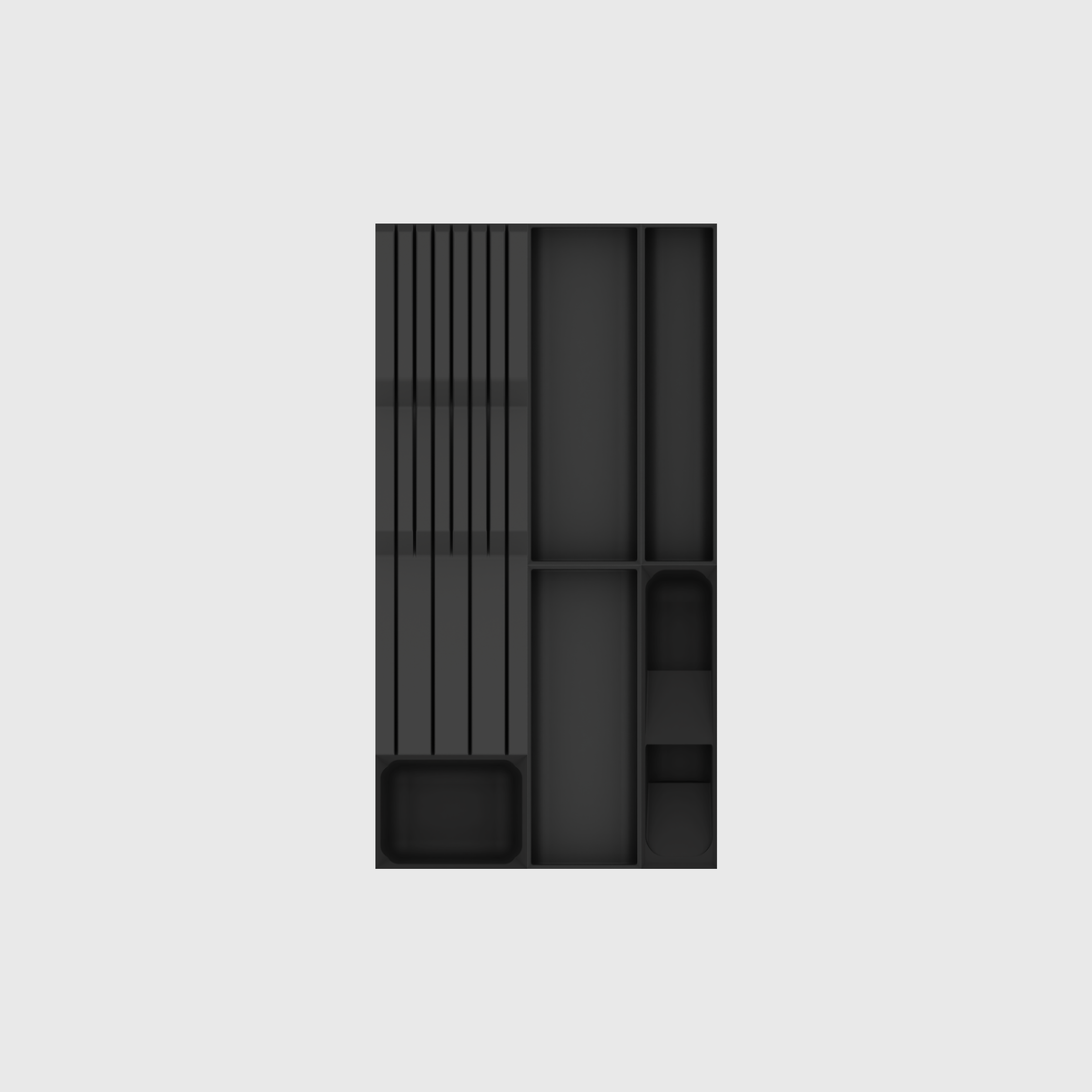 Empty Charcoal Black six-module cutlery and chef-knife drawer organiser set, nominal 265.5 mm wide × 501.5 mm deep.