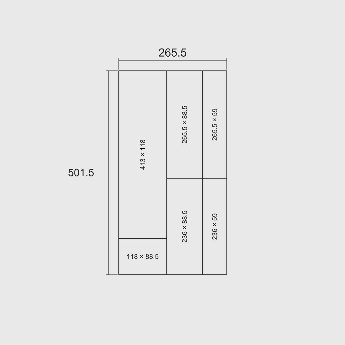 Technical grid footprint diagram of six-module set, 265.5 mm wide × 501.5 mm deep. Individual whole-module length × width measurements in millimetres; nominal 29.5 mm grid cells.