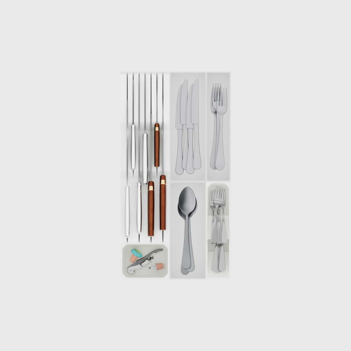 Cotton White six-module cutlery and chef-knife drawer organiser set, nominal 265.5 mm wide × 501.5 mm deep; utensils are illustrative.