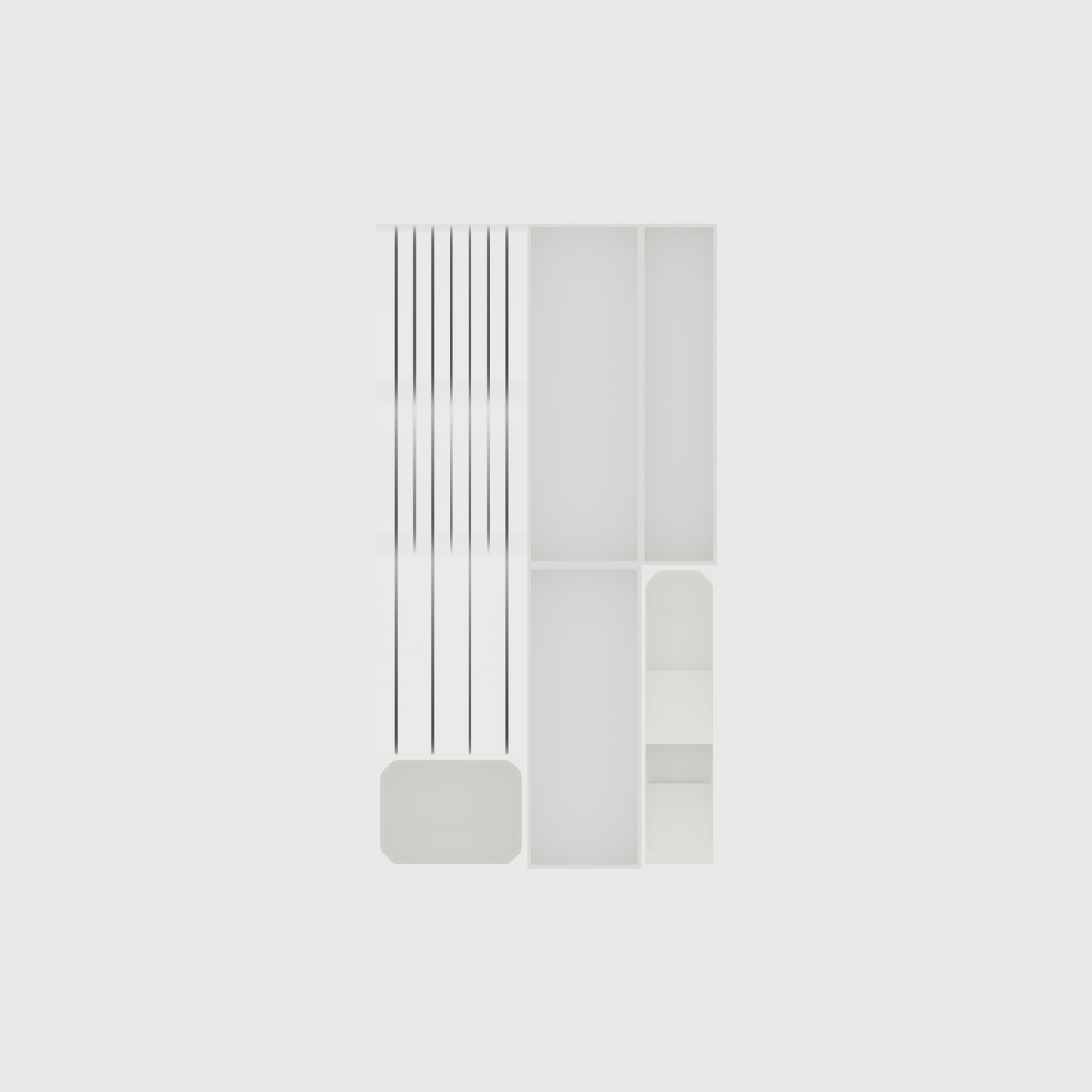 Empty Cotton White six-module cutlery and chef-knife drawer organiser set, nominal 265.5 mm wide × 501.5 mm deep.