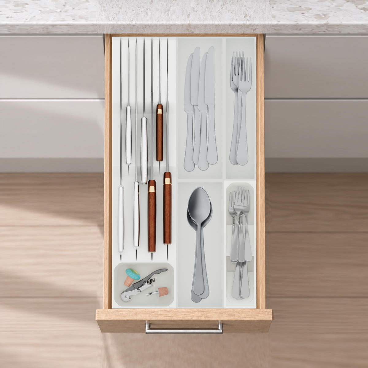 Narrow Cutlery & Chef Knife Drawer Organiser Set in Cotton White, fitted in an oak drawer under neutral white light. Nominal layout 265.5 × 501.5 mm. Accessories shown are not included.