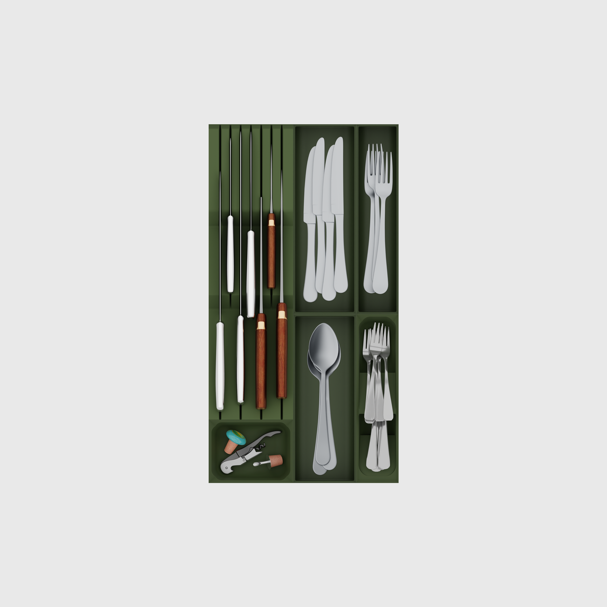 Olive Green six-module cutlery and chef-knife drawer organiser set, nominal 265.5 mm wide × 501.5 mm deep; utensils are illustrative.
