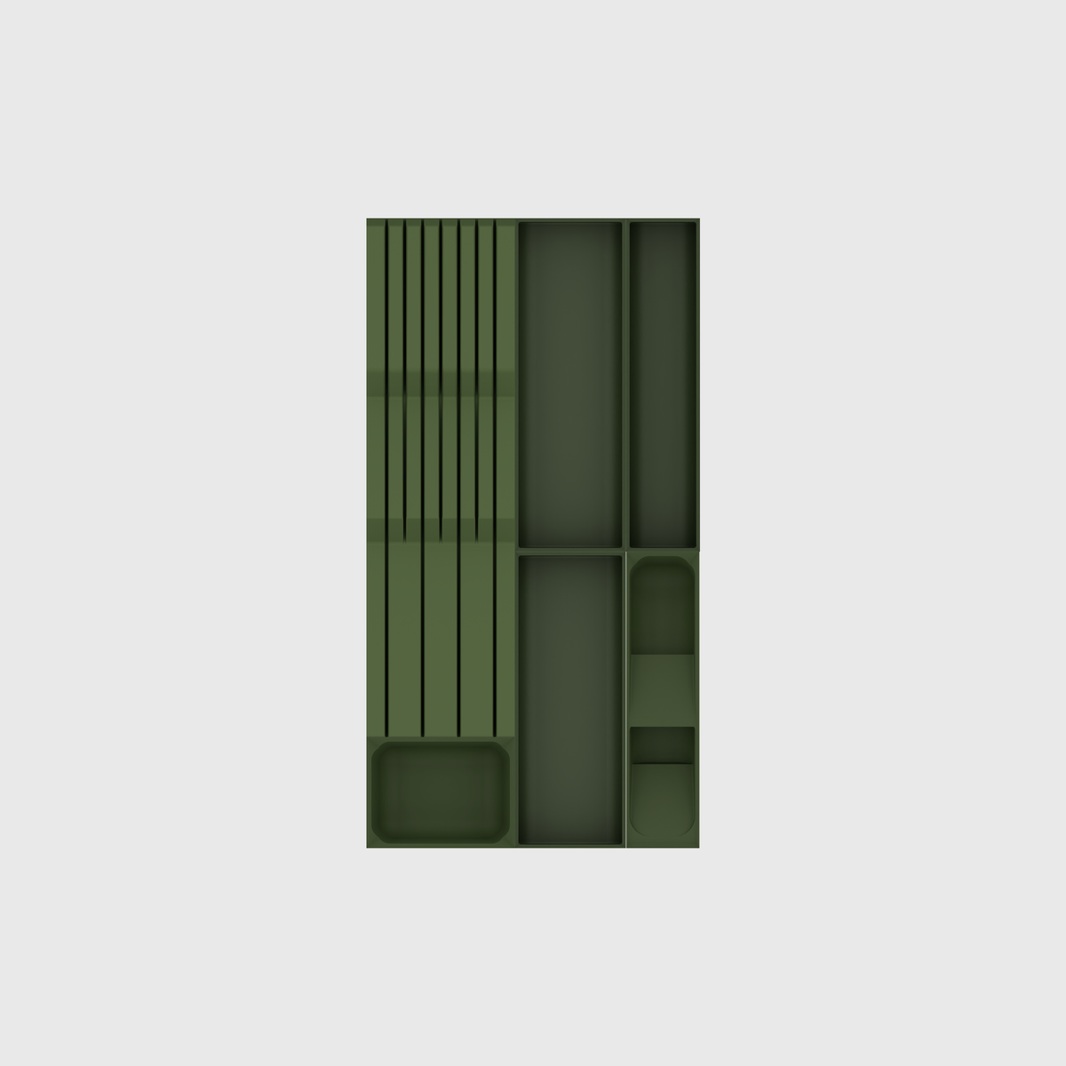 Empty Olive Green six-module cutlery and chef-knife drawer organiser set, nominal 265.5 mm wide × 501.5 mm deep.