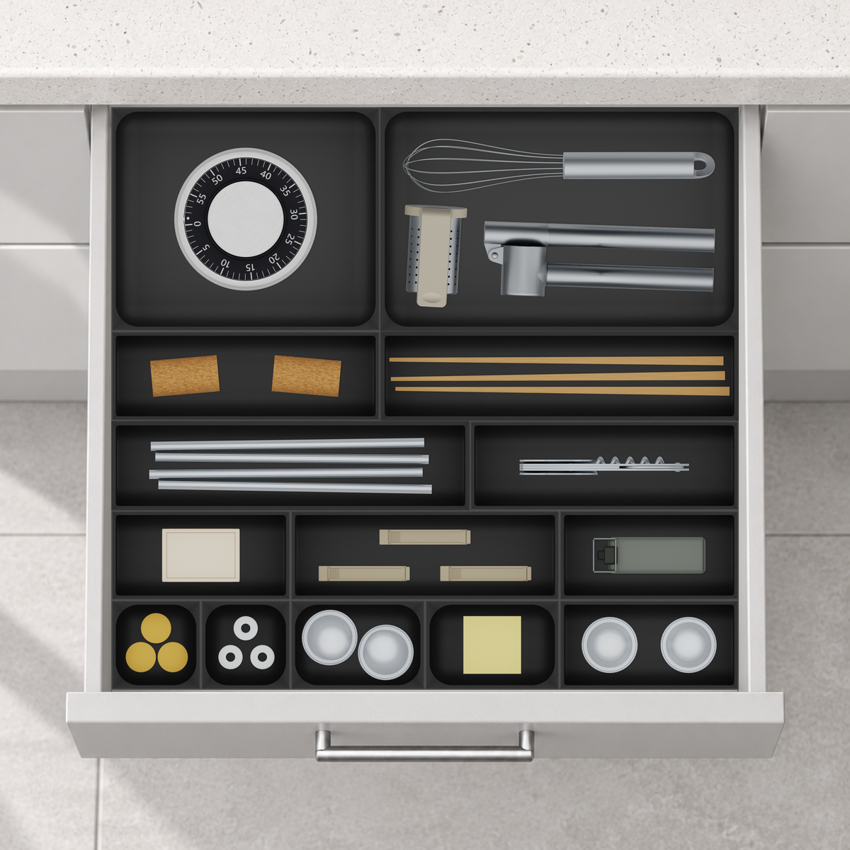 Multi-Tray Drawer Organiser Set – 383.5 × 413 mm in Charcoal Black, fitted wall-to-wall in an illustrative matte light-grey drawer under neutral white light. Accessories shown for illustration.