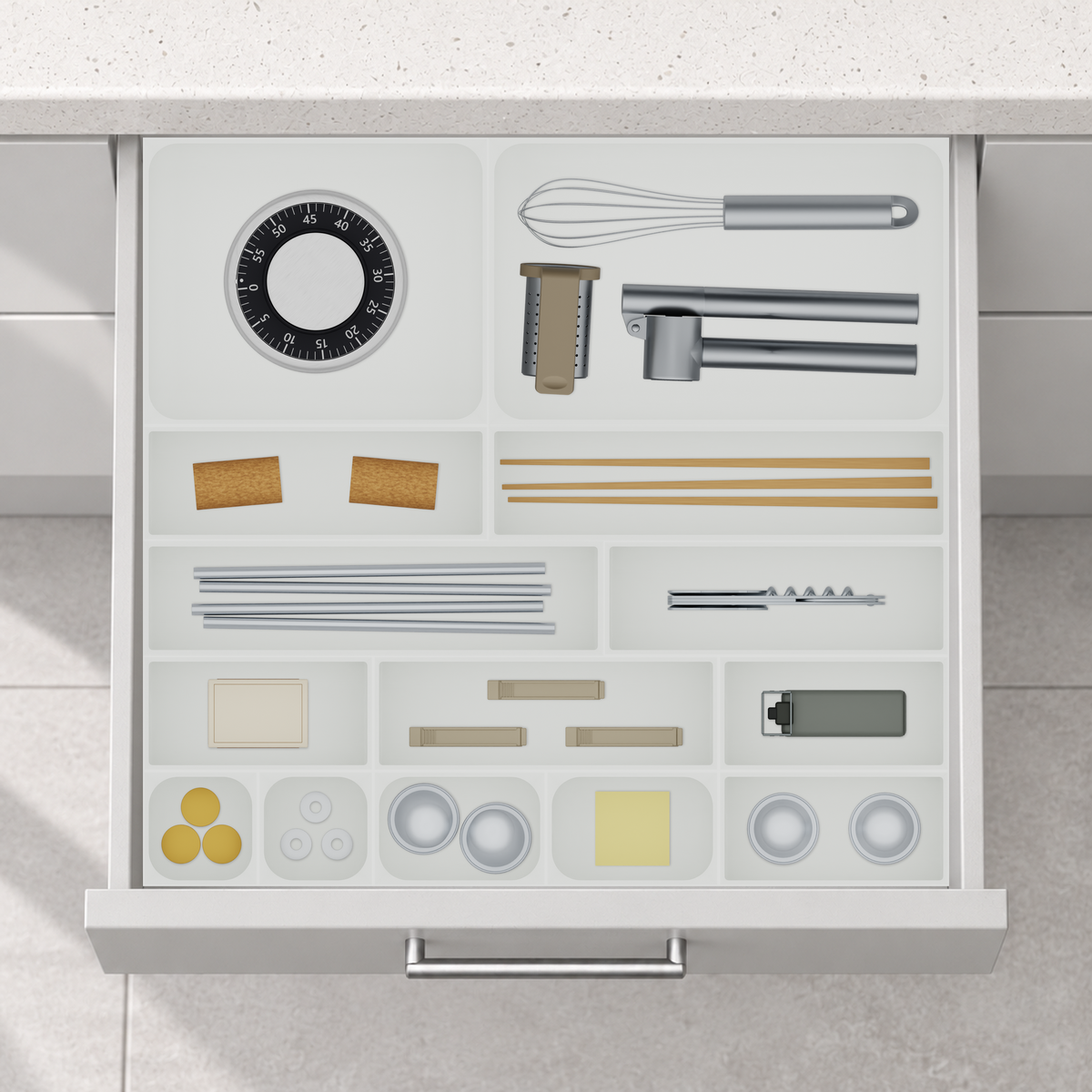 Multi-Tray Drawer Organiser Set – 383.5 × 413 mm in Cotton White, fitted wall-to-wall in an illustrative matte light-grey drawer under neutral white light. Accessories shown for illustration.