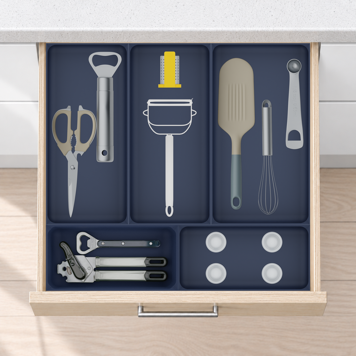 Essentialist Kitchen Tool Drawer Organiser Set – 442.5 × 472 mm in Army Blue, fitted wall-to-wall in an illustrative pale birch plywood drawer under neutral white light. Accessories shown for illustration.