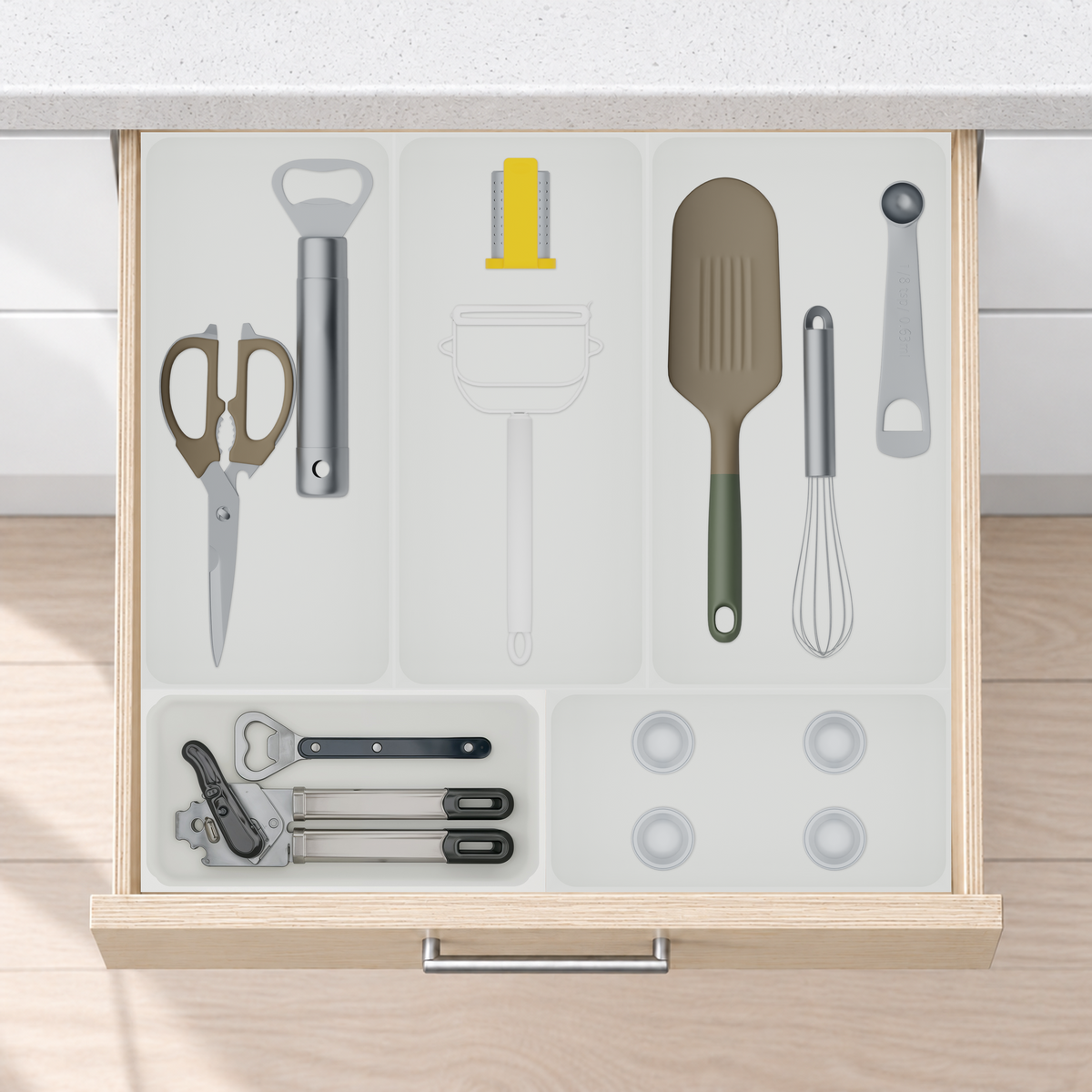 Essentialist Kitchen Tool Drawer Organiser Set – 442.5 × 472 mm in Cotton White, fitted wall-to-wall in an illustrative pale birch plywood drawer under neutral white light. Accessories shown for illustration.