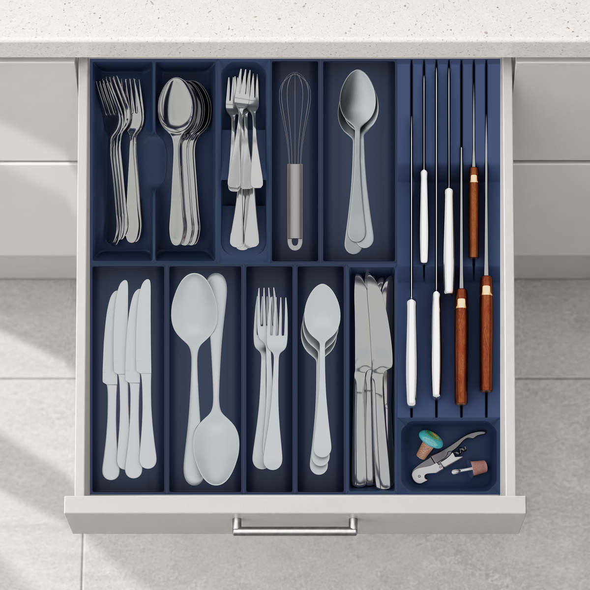 Cutlery & Chef Knives Drawer Organiser Set – 472 × 501.5 mm in Army Blue, fitted wall-to-wall in an illustrative matte light-grey drawer under neutral white light. Accessories shown for illustration.