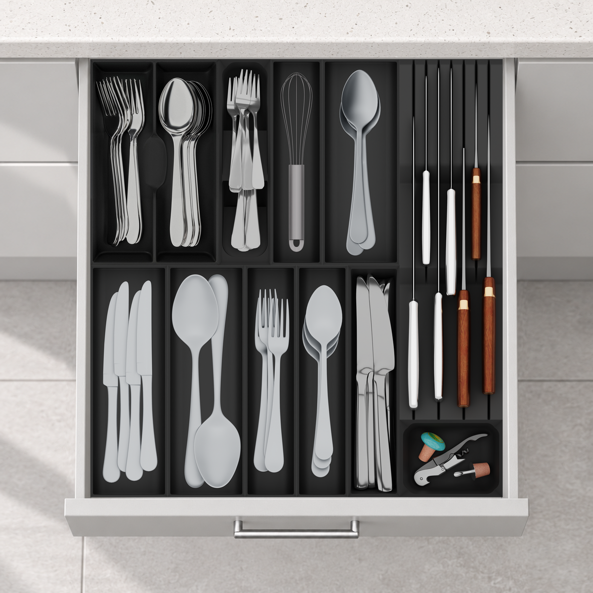 Cutlery & Chef Knives Drawer Organiser Set – 472 × 501.5 mm in Charcoal Black, fitted wall-to-wall in an illustrative matte light-grey drawer under neutral white light. Accessories shown for illustration.