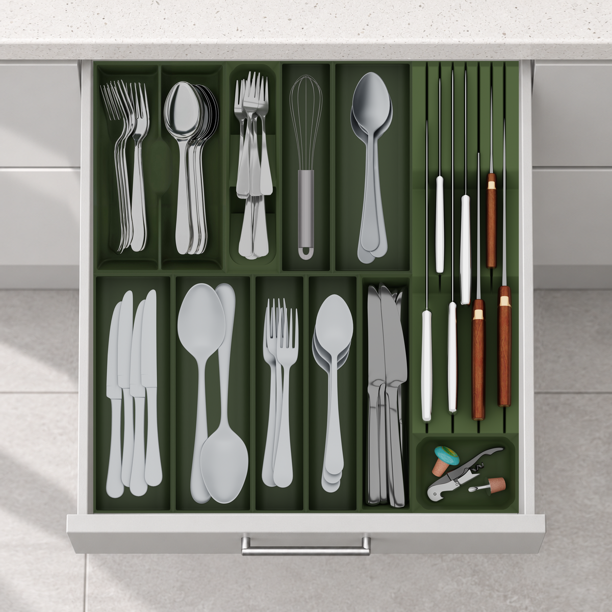Cutlery & Chef Knives Drawer Organiser Set – 472 × 501.5 mm in Olive Green, fitted wall-to-wall in an illustrative matte light-grey drawer under neutral white light. Accessories shown for illustration.