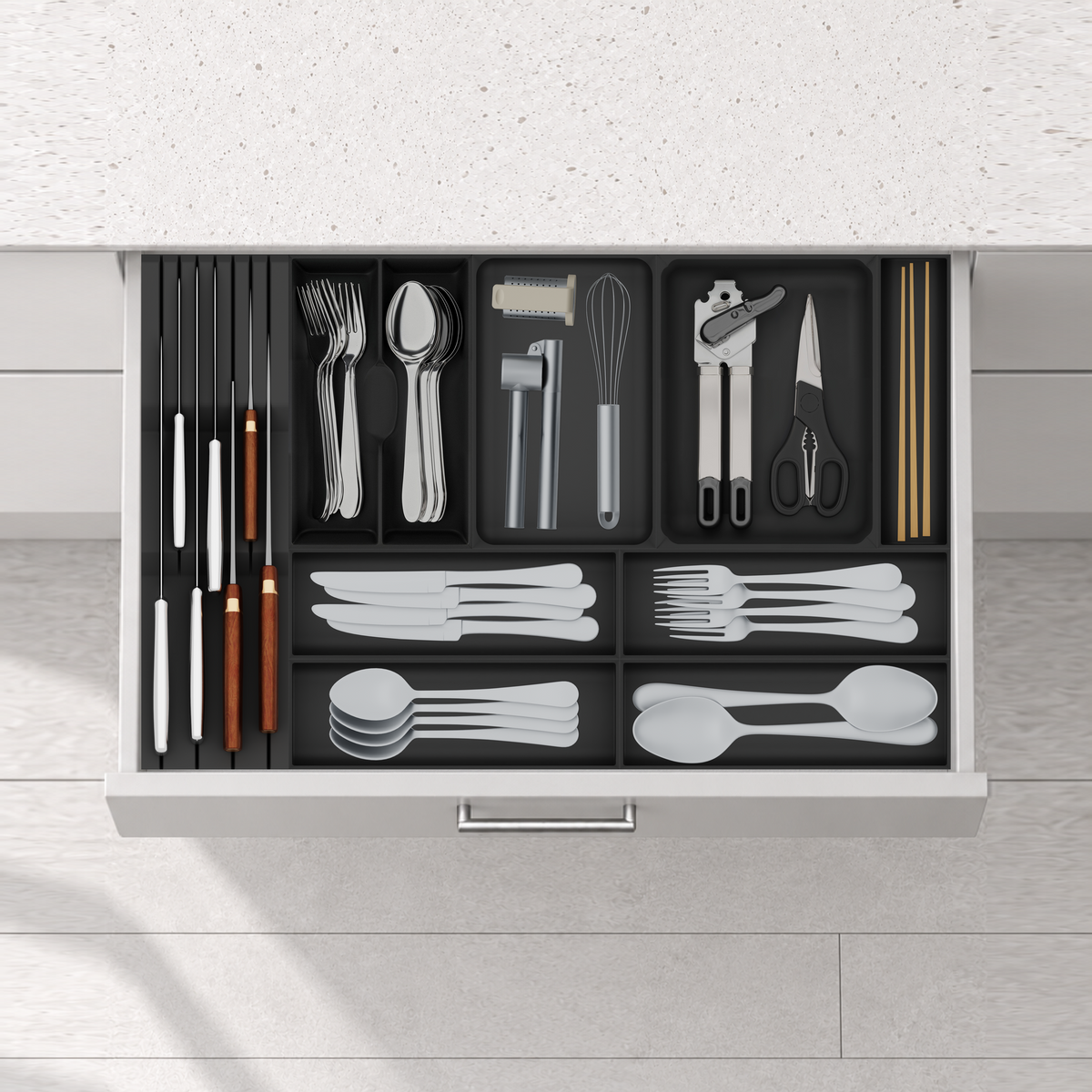 Wide Cutlery & Knife Drawer Organiser Set – 649 × 413 mm in Charcoal Black, fitted wall-to-wall in an illustrative matte light-grey drawer under neutral white light. Accessories shown for illustration.