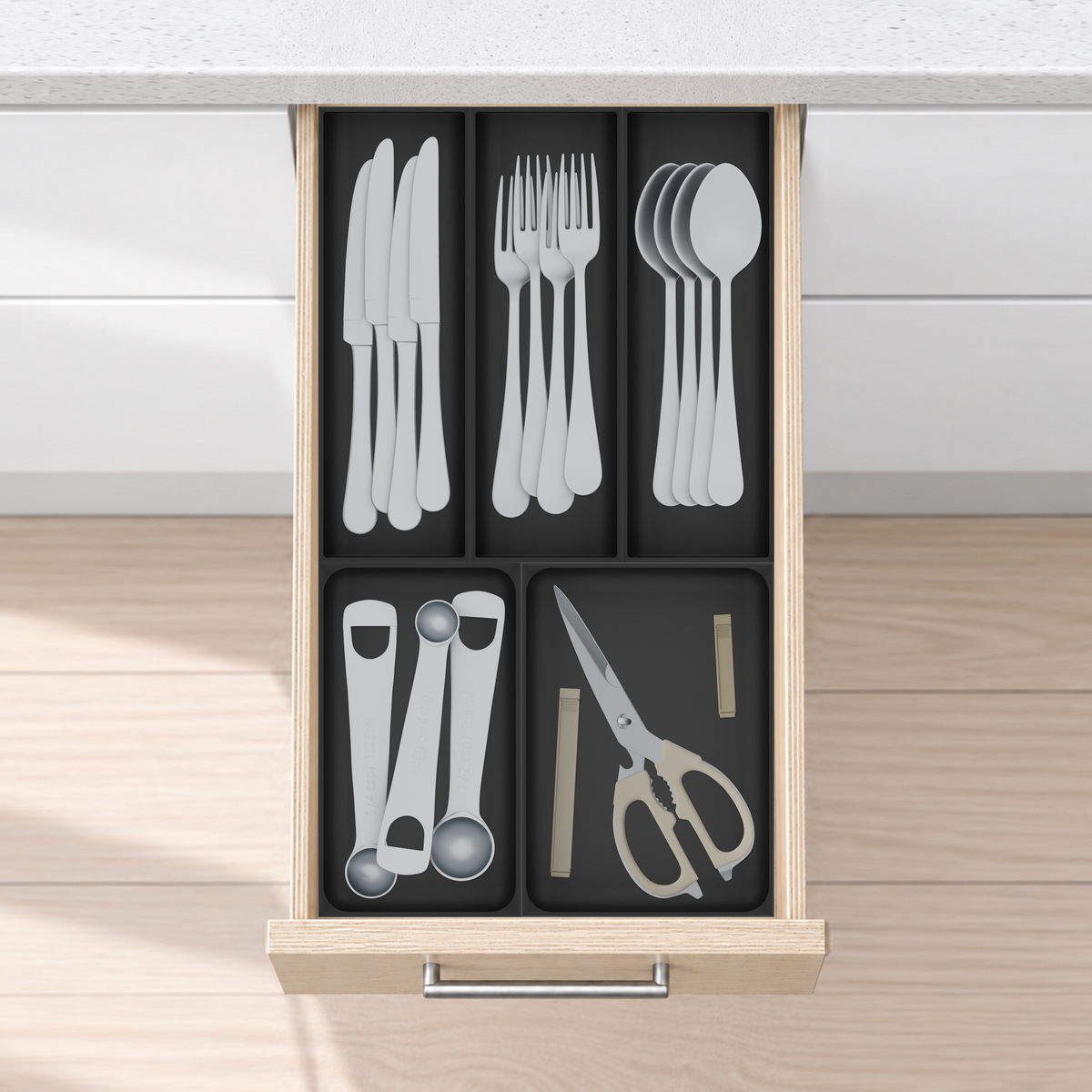 Narrow Cutlery & Kitchen Tools Drawer Organiser Set – 265.5 × 472 mm in Charcoal Black, fitted wall-to-wall in an illustrative pale birch plywood drawer under neutral white light. Accessories shown for illustration.