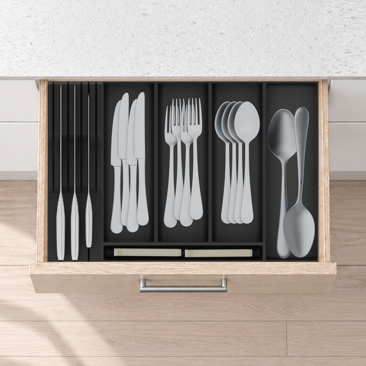 Shallow Cutlery & Knife Drawer Organiser Set – 442.5 × 295 mm in Charcoal Black, fitted wall-to-wall in an illustrative pale birch plywood drawer under neutral white light. Accessories shown for illustration.