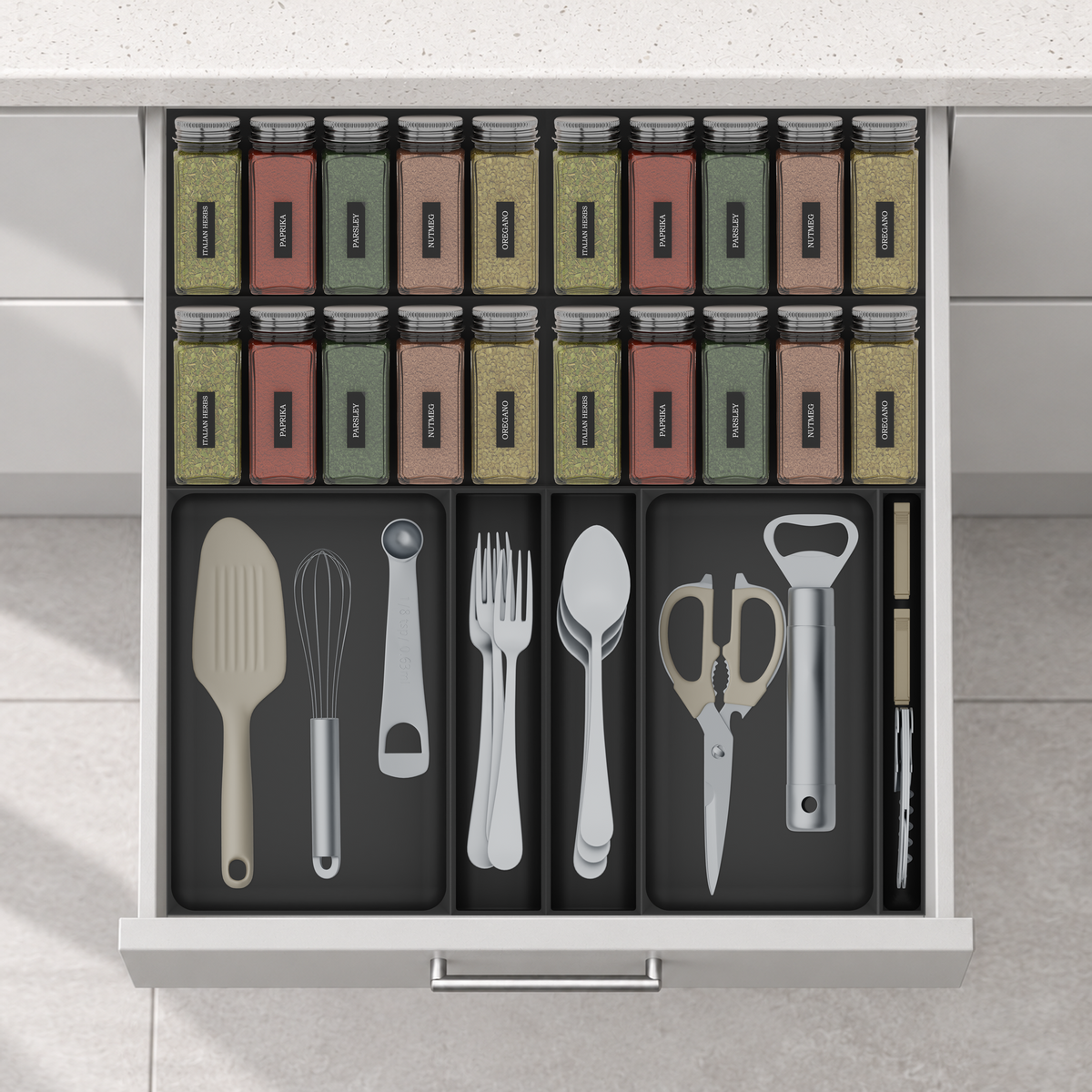 Spice & Cutlery Drawer Organiser Set – 472 × 501.5 mm in Charcoal Black, fitted wall-to-wall in an illustrative matte light-grey drawer under neutral white light. Accessories shown for illustration.