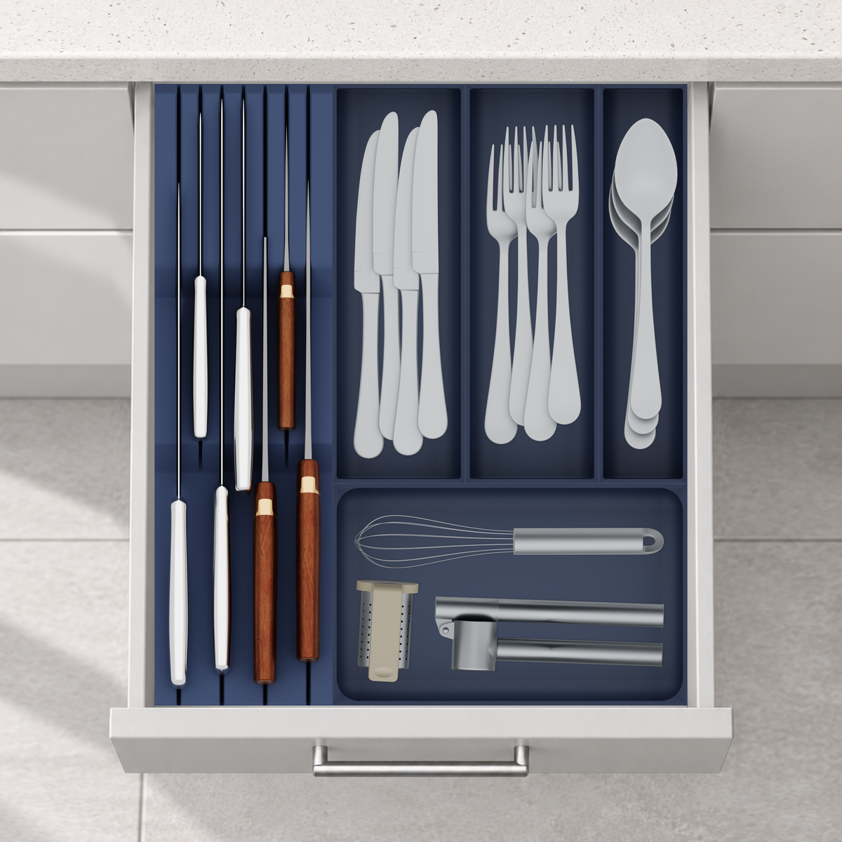 Compact Cutlery & Chef Knife Drawer Organiser Set – 354 × 413 mm in Army Blue, fitted wall-to-wall in an illustrative matte light-grey drawer under neutral white light. Accessories shown for illustration.