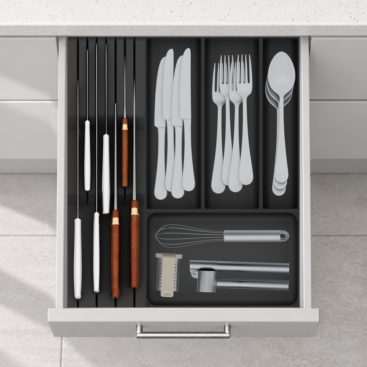 Compact Cutlery & Chef Knife Drawer Organiser Set – 354 × 413 mm in Charcoal Black, fitted wall-to-wall in an illustrative matte light-grey drawer under neutral white light. Accessories shown for illustration.