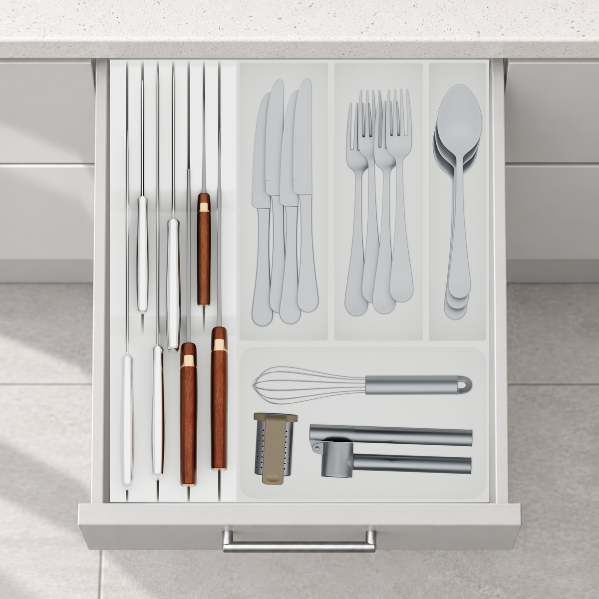 Compact Cutlery & Chef Knife Drawer Organiser Set – 354 × 413 mm in Cotton White, fitted wall-to-wall in an illustrative matte light-grey drawer under neutral white light. Accessories shown for illustration.