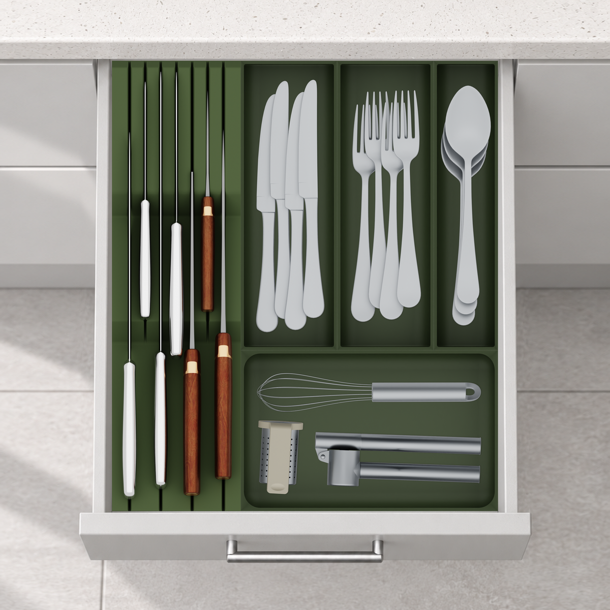 Compact Cutlery & Chef Knife Drawer Organiser Set – 354 × 413 mm in Olive Green, fitted wall-to-wall in an illustrative matte light-grey drawer under neutral white light. Accessories shown for illustration.