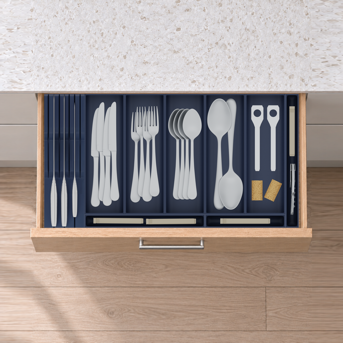 Shallow Family Cutlery & Knife Drawer Organiser Set – 560.5 × 295 mm in Army Blue, fitted wall-to-wall in an illustrative natural oak drawer under neutral white light. Accessories shown for illustration.