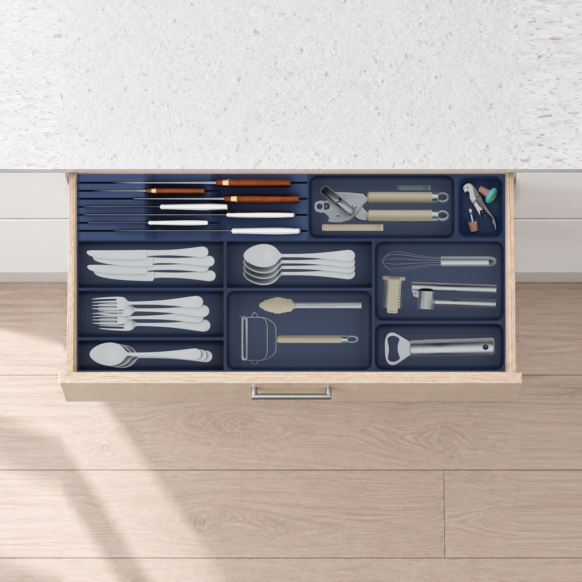 Shallow Wide Cutlery & Knife Drawer Organiser Set – 767 × 354 mm in Army Blue, fitted wall-to-wall in an illustrative pale birch plywood drawer under neutral white light. Accessories shown for illustration.