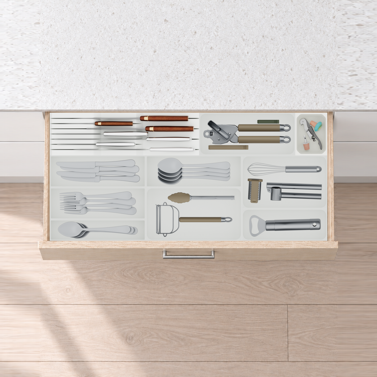 Shallow Wide Cutlery & Knife Drawer Organiser Set – 767 × 354 mm in Cotton White, fitted wall-to-wall in an illustrative pale birch plywood drawer under neutral white light. Accessories shown for illustration.