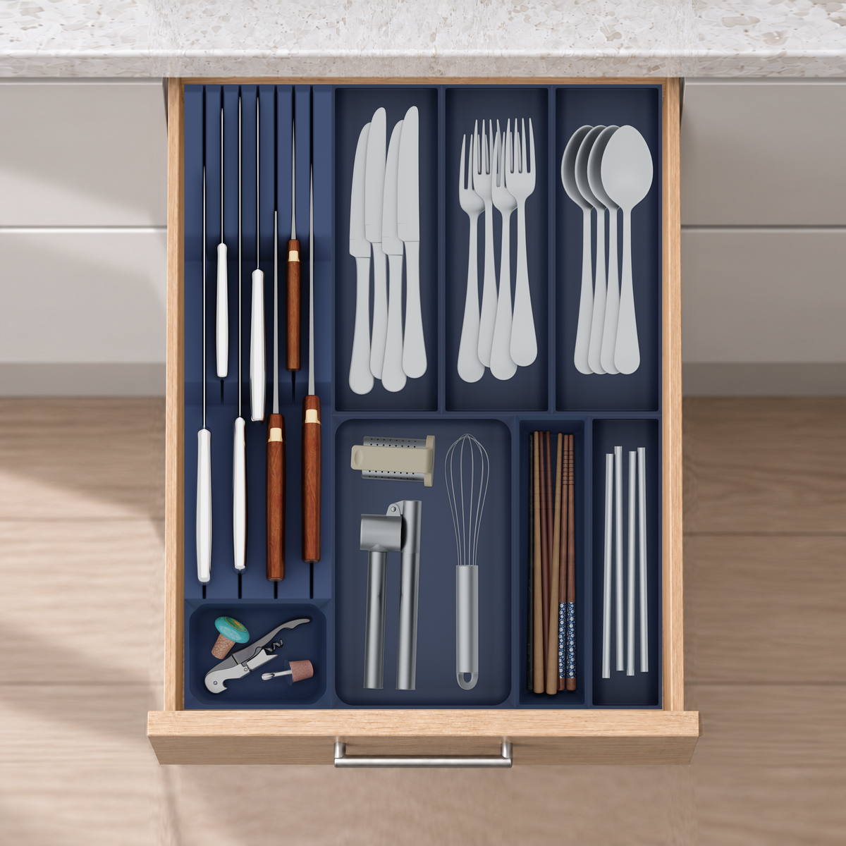 Slim Deep Cutlery & Chef Knife Drawer Organiser Set – 383.5 × 501.5 mm in Army Blue, fitted wall-to-wall in an illustrative natural oak drawer under neutral white light. Accessories shown for illustration.