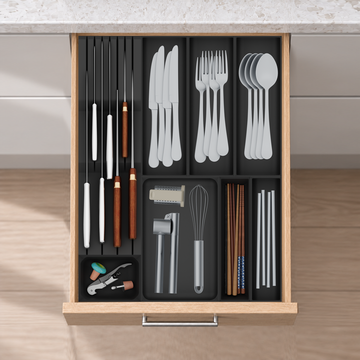 Slim Deep Cutlery & Chef Knife Drawer Organiser Set – 383.5 × 501.5 mm in Charcoal Black, fitted wall-to-wall in an illustrative natural oak drawer under neutral white light. Accessories shown for illustration.