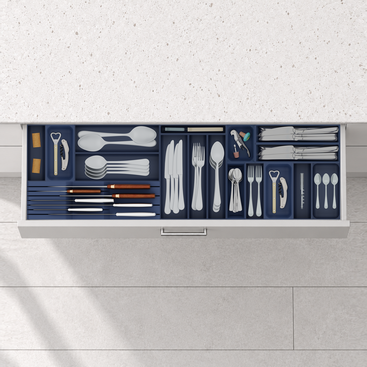 Shallow One-Metre Cutlery & Chef Knife Drawer Organiser Set – 973.5 × 295 mm in Army Blue, fitted wall-to-wall in an illustrative matte light-grey drawer under neutral white light. Accessories shown for illustration.