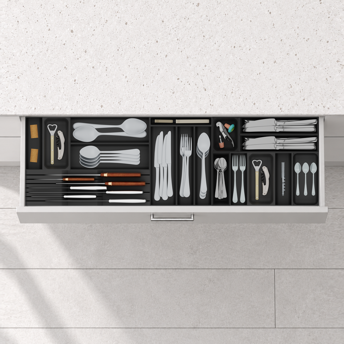 Shallow One-Metre Cutlery & Chef Knife Drawer Organiser Set – 973.5 × 295 mm in Charcoal Black, fitted wall-to-wall in an illustrative matte light-grey drawer under neutral white light. Accessories shown for illustration.