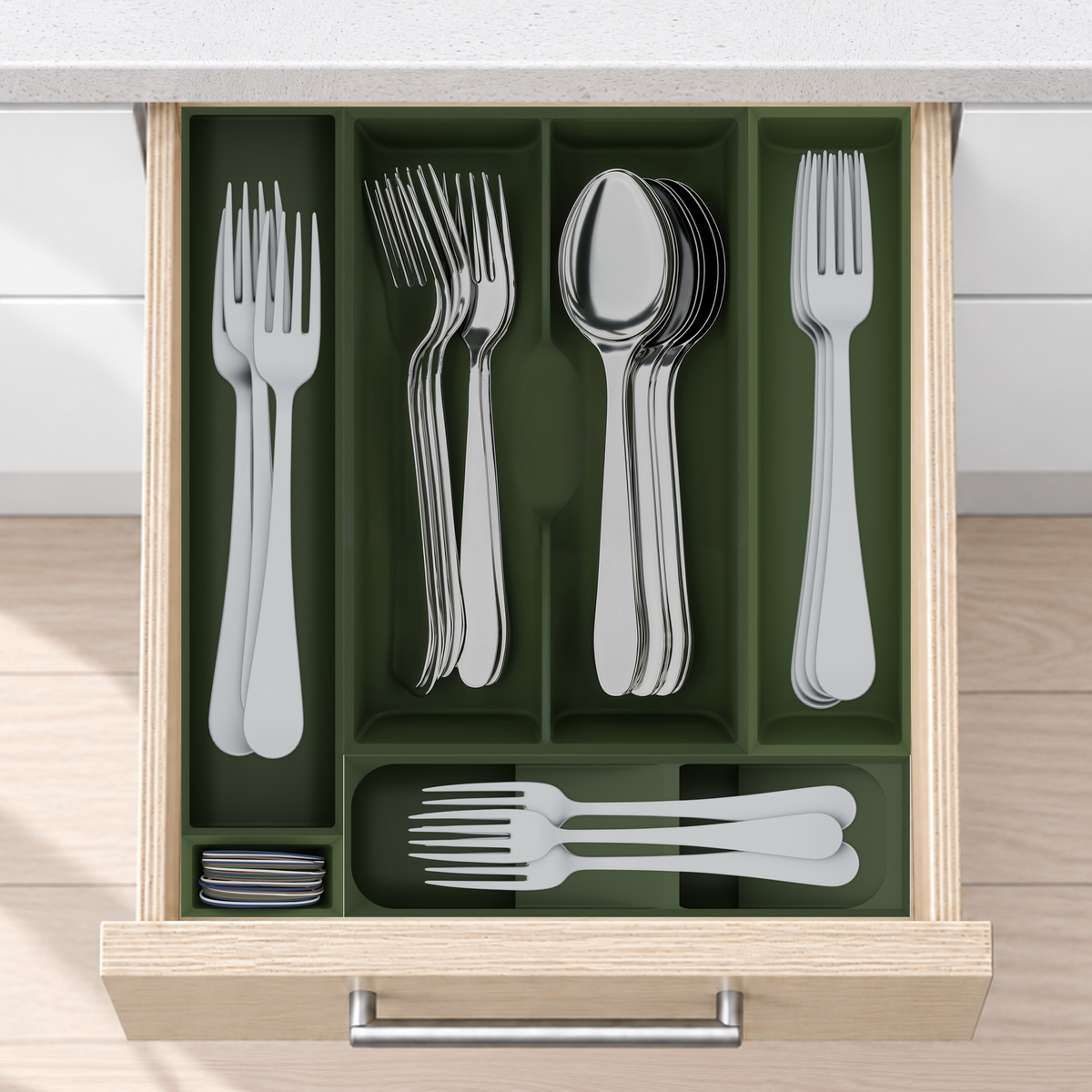 Space-Saving Cutlery Organiser – 295×265.5mm in Olive Green, fitted wall-to-wall in an illustrative pale birch plywood drawer under neutral white light. Accessories shown for illustration.