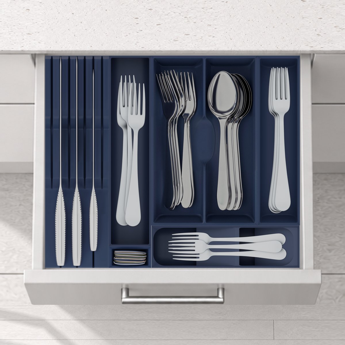 Space-Saving Cutlery Organiser & Knife Block – 295x354mm in Army Blue, fitted wall-to-wall in an illustrative matte light-grey drawer under neutral white light. Accessories shown for illustration.