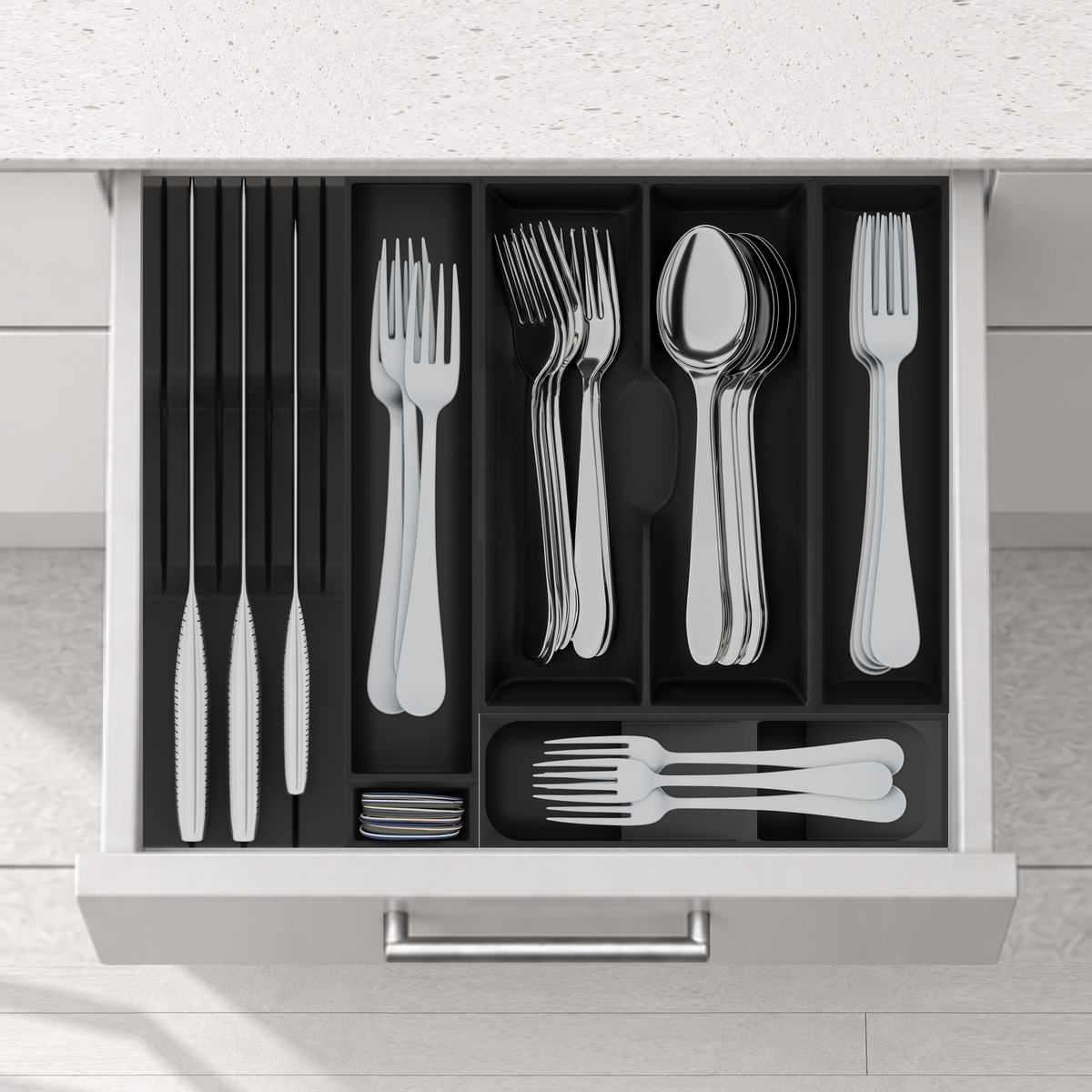 Space-Saving Cutlery Organiser & Knife Block – 295x354mm in Charcoal Black, fitted wall-to-wall in an illustrative matte light-grey drawer under neutral white light. Accessories shown for illustration.