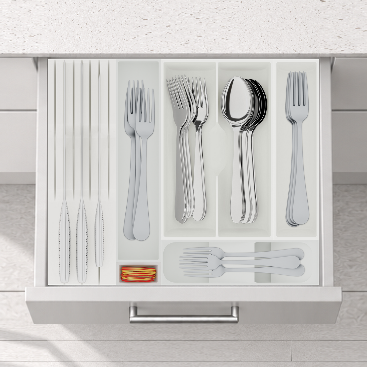 Space-Saving Cutlery Organiser & Knife Block – 295x354mm in Cotton White, fitted wall-to-wall in an illustrative matte light-grey drawer under neutral white light. Accessories shown for illustration.