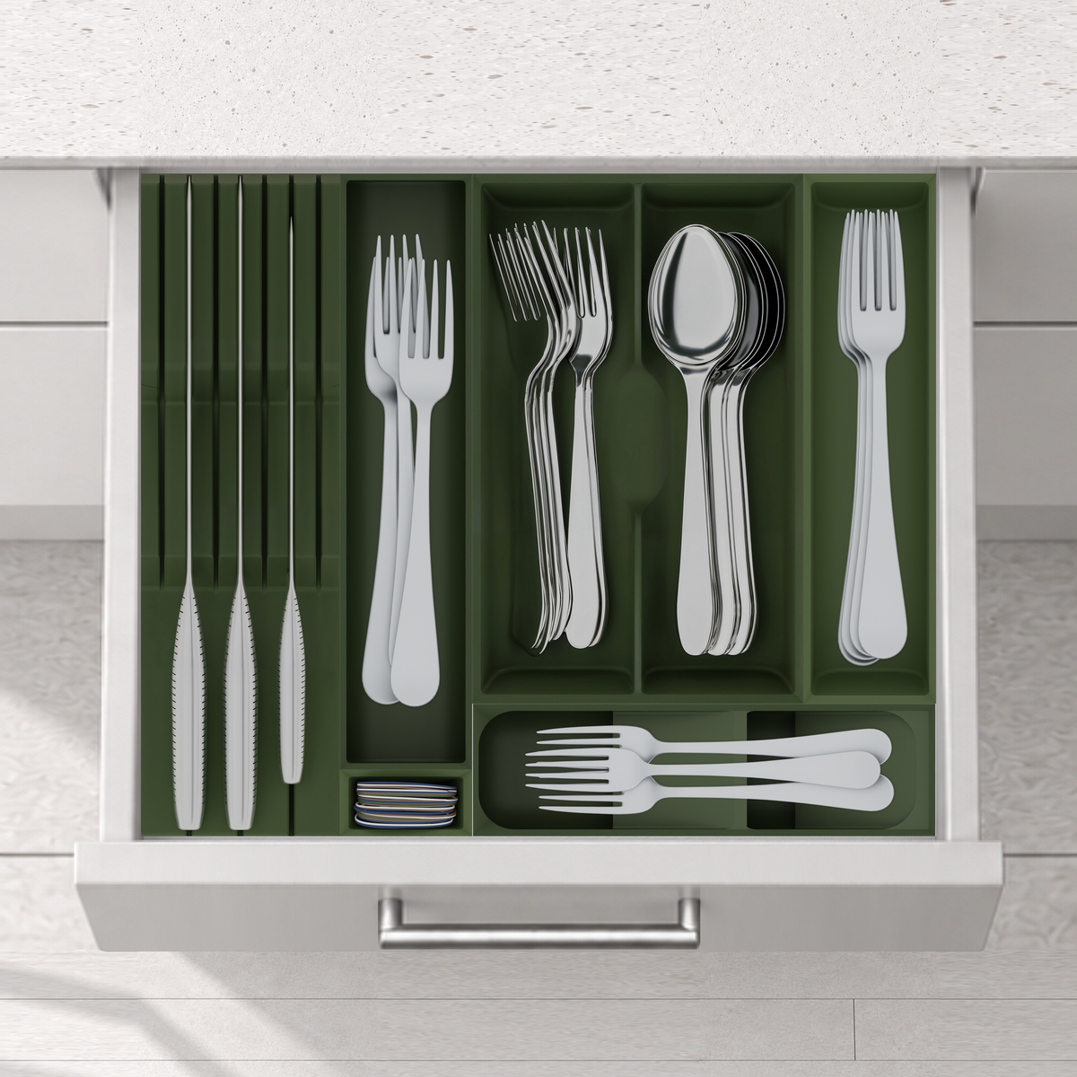 Space-Saving Cutlery Organiser & Knife Block – 295x354mm in Olive Green, fitted wall-to-wall in an illustrative matte light-grey drawer under neutral white light. Accessories shown for illustration.