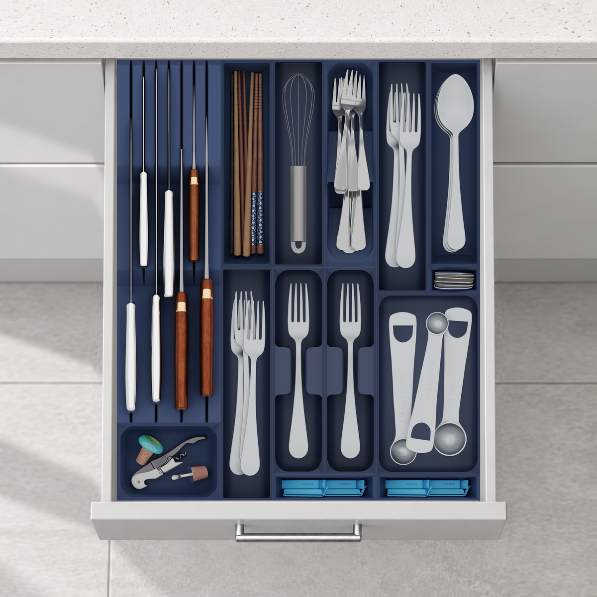 Ultimate Kitchen Essentials Organiser –  501.5x413mm in Army Blue, fitted wall-to-wall in an illustrative matte light-grey drawer under neutral white light. Accessories shown for illustration.