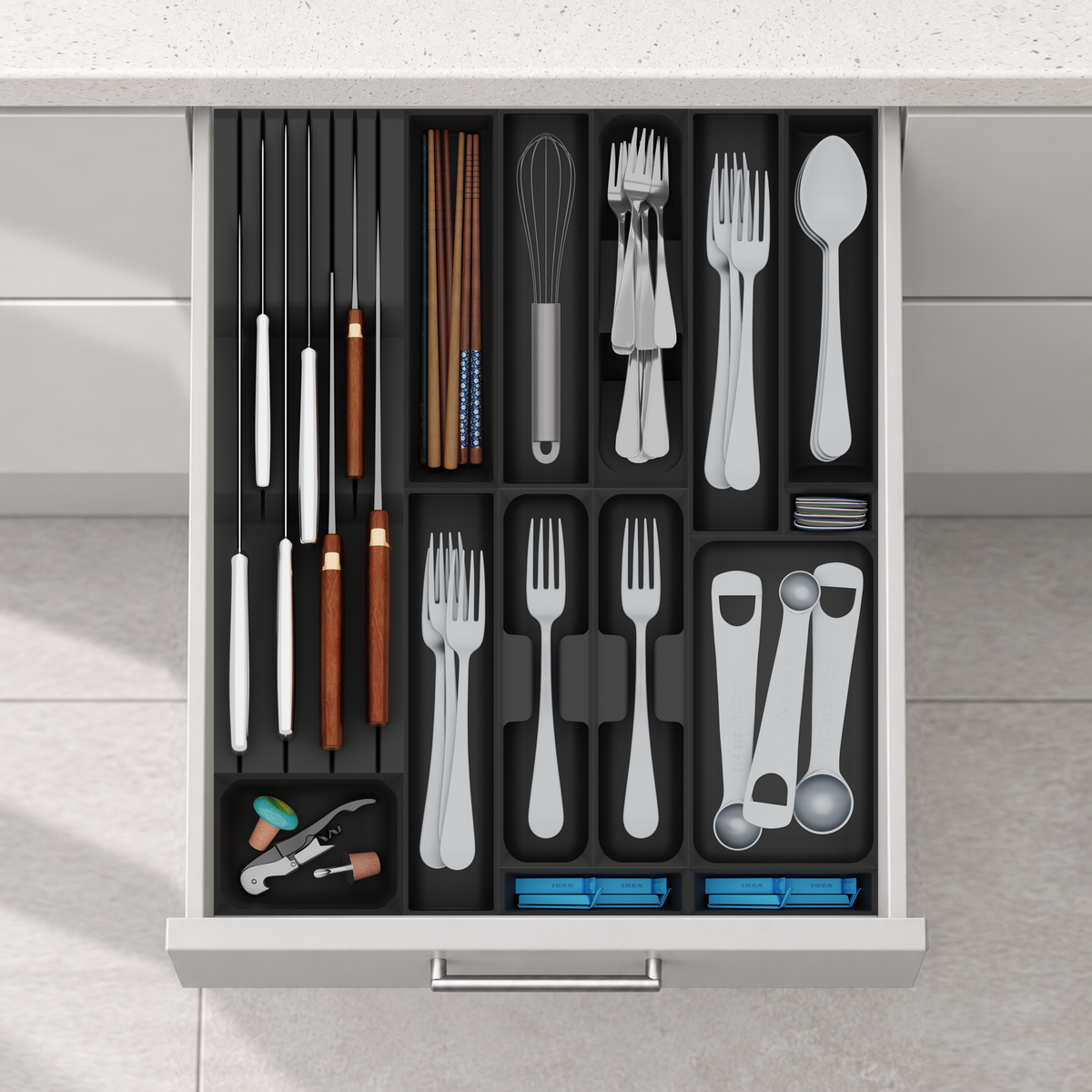 Ultimate Kitchen Essentials Organiser –  501.5x413mm in Charcoal Black, fitted wall-to-wall in an illustrative matte light-grey drawer under neutral white light. Accessories shown for illustration.