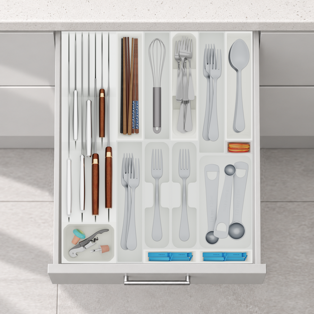 Ultimate Kitchen Essentials Organiser –  501.5x413mm in Cotton White, fitted wall-to-wall in an illustrative matte light-grey drawer under neutral white light. Accessories shown for illustration.