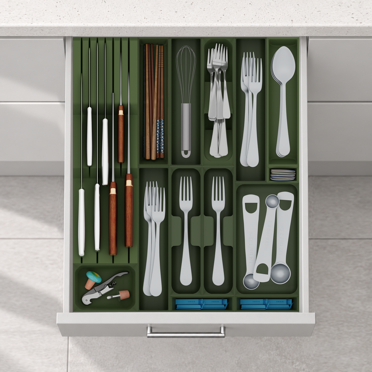 Ultimate Kitchen Essentials Organiser –  501.5x413mm in Olive Green, fitted wall-to-wall in an illustrative matte light-grey drawer under neutral white light. Accessories shown for illustration.