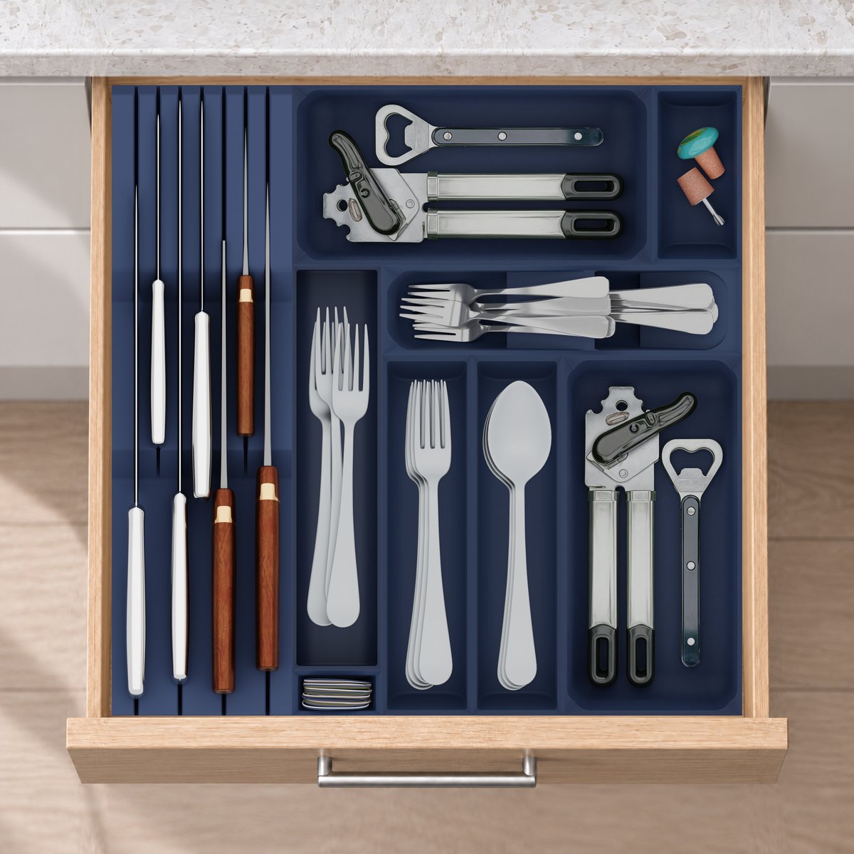 Primary Cutlery Drawer with Medium Kitchen Tool Storage in Army Blue, fitted wall-to-wall in an illustrative natural oak drawer under neutral white light. Accessories shown for illustration.