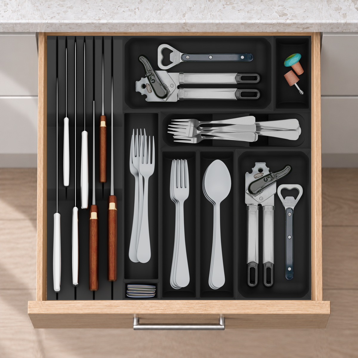 Primary Cutlery Drawer with Medium Kitchen Tool Storage in Charcoal Black, fitted wall-to-wall in an illustrative natural oak drawer under neutral white light. Accessories shown for illustration.